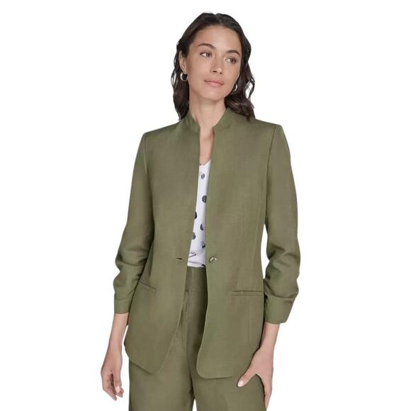 Calvin Klein Womens NEW Size 12 Olive Green Linen Blend Lined 3/4-Sleeve Blazer - Picture 2 of 11